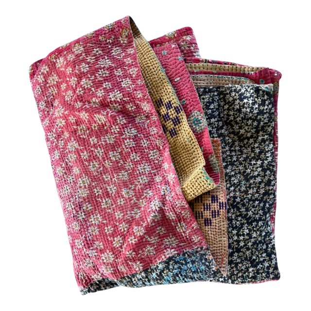 Vintage Indian Hand-Stitched Kantha Quilt Coverlet For Sale
