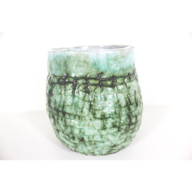 Ceramic Vintage Textured Green Pottery Vase For Sale - Image 7 of 12