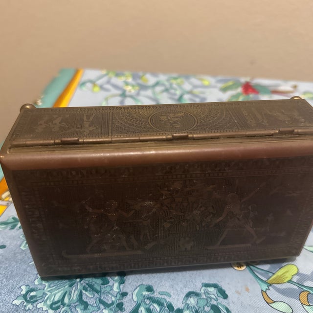Figurative Antique Classical Revival Embossed Brass and Wood Jewelry Casket Box For Sale - Image 3 of 5