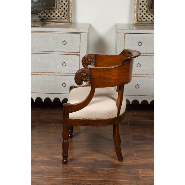French 1830s Restauration Period Mahogany Armchair with Carved Rams' Heads For Sale - Image 10 of 12
