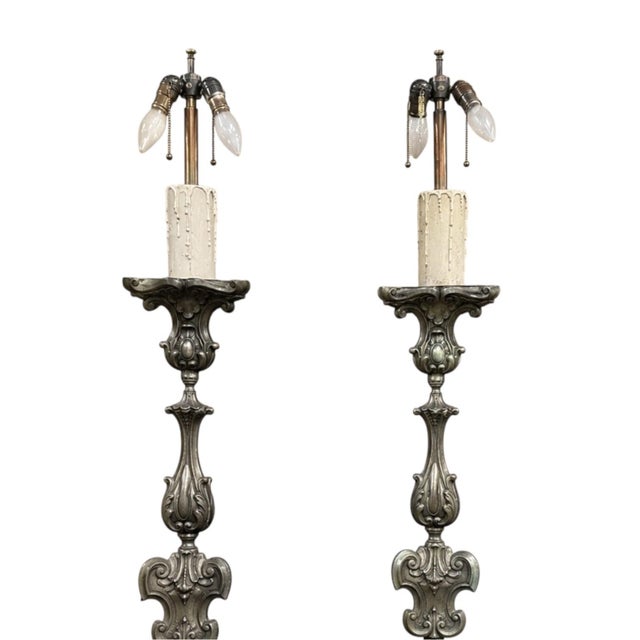 Platinum Pair Antique Solid Pewter Baroque Style Candlestick Floor Lamps For Sale - Image 8 of 12