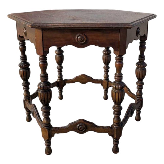 Antique Carved Wood Round Dining or Center Table, Restored For Sale