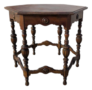 Antique Carved Wood Round Dining or Center Table, Restored
