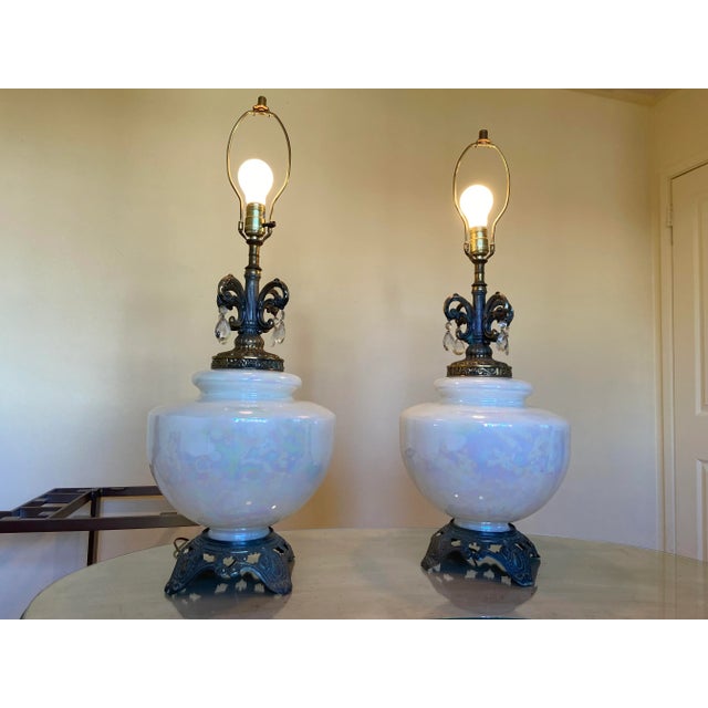 1970’s vintage glass table lamps with multi color pattern, EF&EF industries inc as a pair .