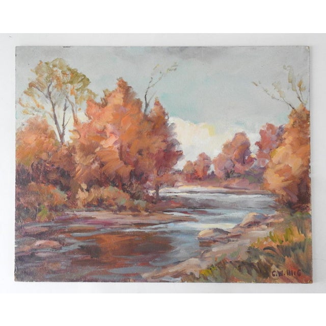 Rustic Mid 20th Century Impressionist Autumn River Landscape Painting For Sale - Image 3 of 4