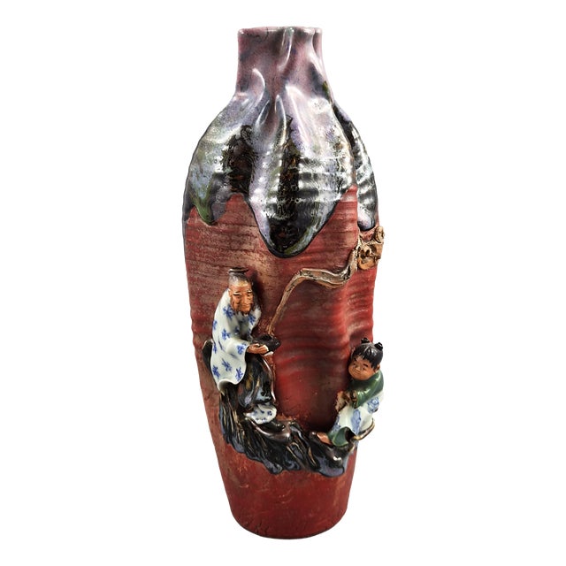 Meiji Japanese Sumida Gawa Vase in Lavender Flambé by Ban-Ni, Sage and Karako, 1900 For Sale