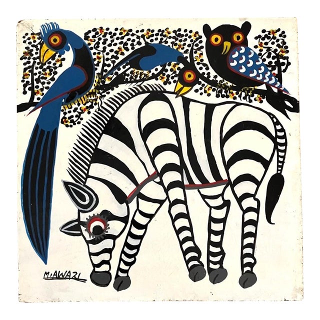 Tingatinga Painting of Zebra, Owl, Peacocks by Bushiri Mruta Awazi, Tanzania For Sale