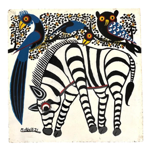 Tingatinga Painting of Zebra, Owl, Peacocks by Bushiri Mruta Awazi, Tanzania