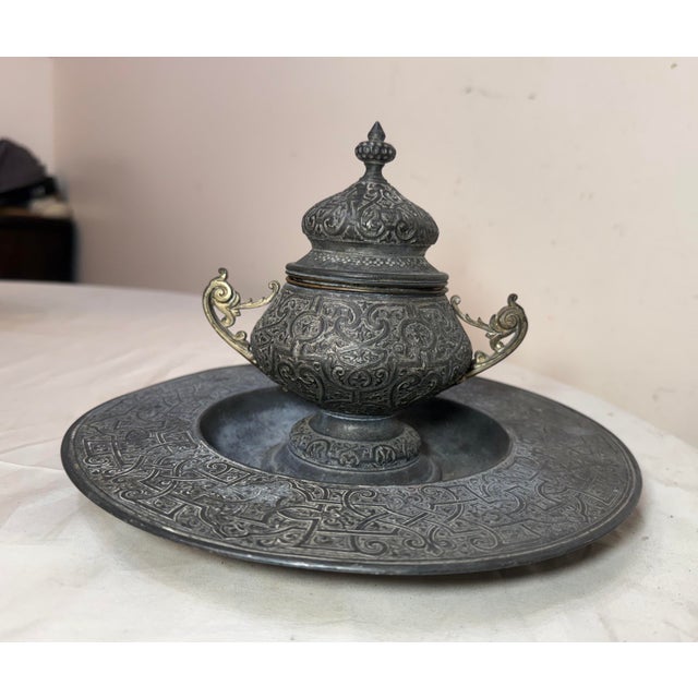 Up for sale is a very nice quality and large antique 19th century writing inkwell stand. It's made of very thick metal...