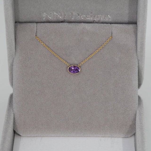 Modern Amethyst Necklace in Solid 14k Gold – Oval 6x4mm Bezel Set Gemstone Pendant For Sale - Image 3 of 9