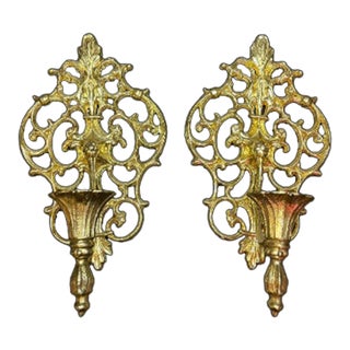 Set of 2 Vintage 1960s Hollywood Regency Ornate Gold Metal Candlestick Wall Sconces For Sale