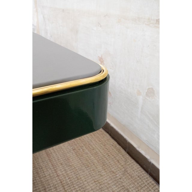 Forest Green Green Lacquered Console Table with Leather Top and Brass Details, 1970s For Sale - Image 8 of 8
