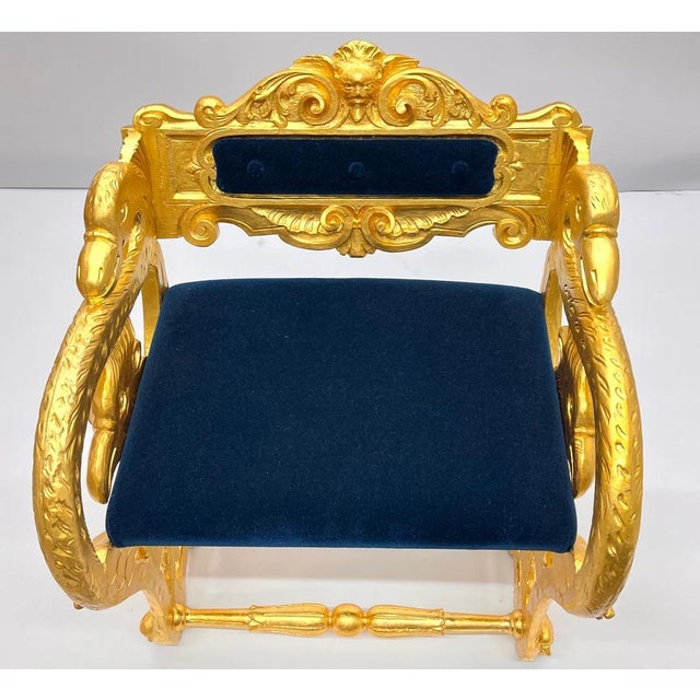 Antique Federal Style Carved Gold Gilt Swan and Eagle Carousel Bench Newly Reupholstered in a Blue Mohair Seat Antique...