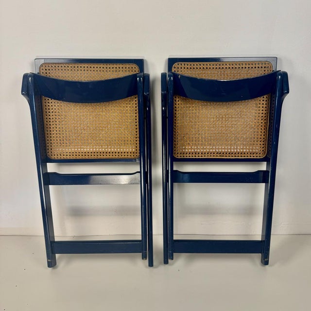 1970s Mid-Century Modern Blue Wood and Wicker Folding Chairs from Bazzani, Italy, 1960s, Set of 2 For Sale - Image 5 of 11
