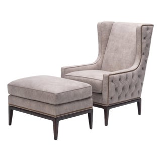 Lavender Birch Leather Wing Chair and Ottoman For Sale