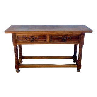 1930s Carved Walnut Console Table With Solomonic Legs and Two Drawers For Sale