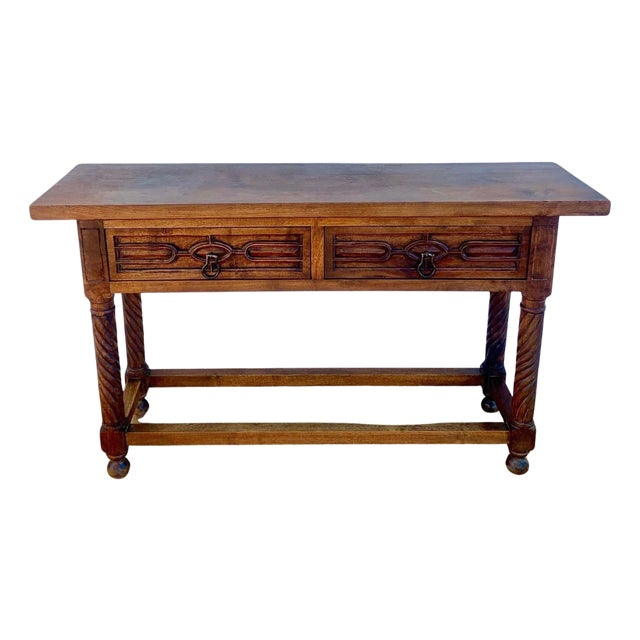 1930s Carved Walnut Console Table With Solomonic Legs and Two Drawers For Sale