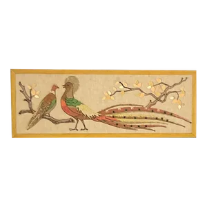 Vintage 1960s Rock Pebble & Ceramic Golden Pheasant Mid Century Modern Wall Art