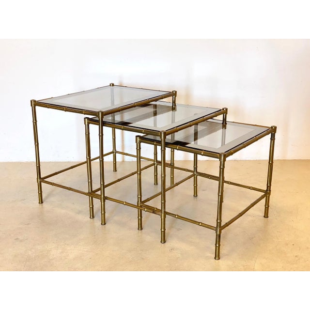 Triptych of Brass Tables in Faux Bamboo, 1970s, Set of 3 For Sale - Image 9 of 9
