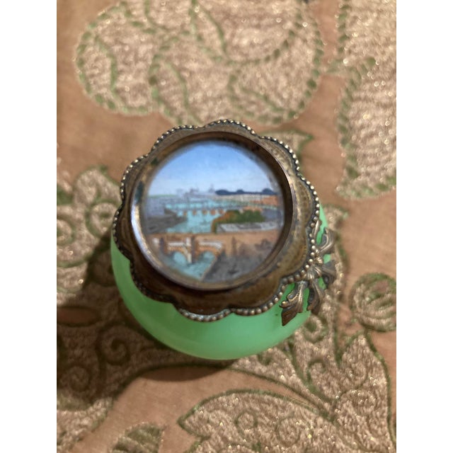 Bottle Green Mid 19th Century French Uranium Opaline Scent Bottle, Hand-Painted Pont Neuf & Louvre Miniature, Gilt Mounts, Napoleon Iii, 3in For Sale - Image 8 of 14