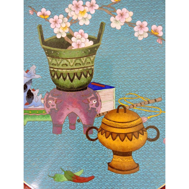 Fine Chinese Carved Rosewood and Cloisonné Stools, Side Tables, Pedestals With Flowers, Bats & Scholarly Objects, a Pair For Sale - Image 10 of 15