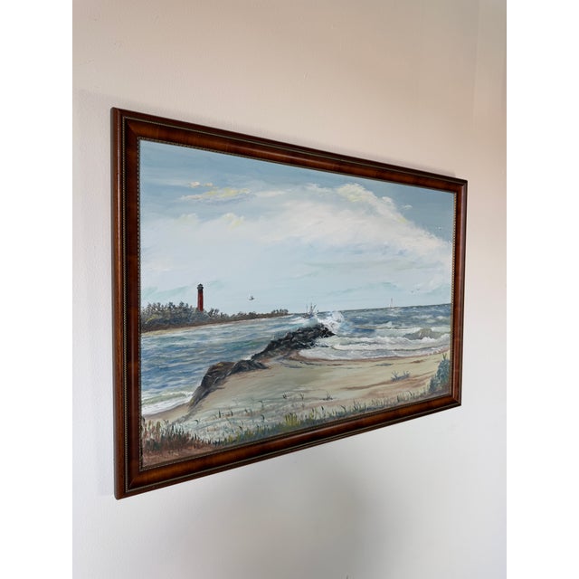 Impressionist Vintage Cosman Coastal Lighthouse Impressionist Oil Painting on Masonite Board – Framed For Sale - Image 3 of 18
