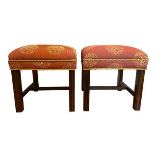 1980s Vintage Pair of Square Chinoiserie Ottomans or Vanity Stools in Mahogany, Gold, and Dark Raspberry Pink For Sale