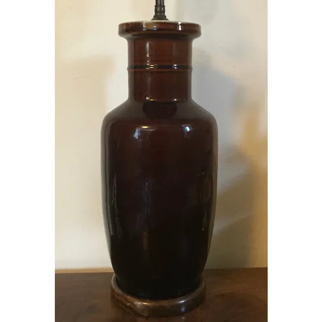 Early 20th Century Antique Chinese Brown Porcelain Rouleau Shape Vase Table Lamp For Sale In New York - Image 6 of 13