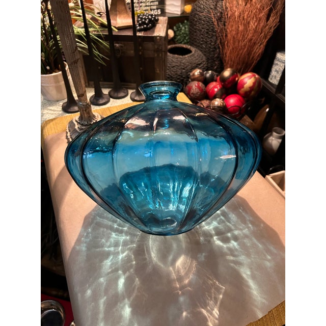 1980s Oversized Vintage Heavy Blue Ribbed Vase For Sale - Image 4 of 10