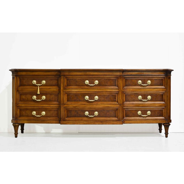 Karges Furniture Mid Century French Regency Burled Walnut 9-Drawer Dresser With Brass Hardware by Karges Indiana For Sale - Image 4 of 14