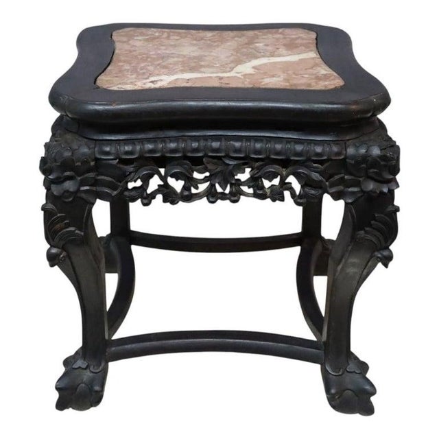 Antique Chinese Floral Carved Rosewood & Rouge Marble Top Side Table C1920 For Sale - Image 11 of 11