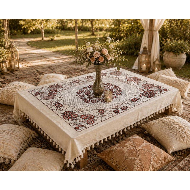 Vintage Hand Printed Indian Cotton Banquet Tablecloth With Jacquard Floral Damask & Fringe For Sale - Image 10 of 10
