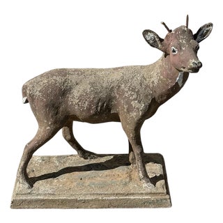 Vintage French Standing Deer Small 19" Cement Concrete Stone Garden Statue For Sale