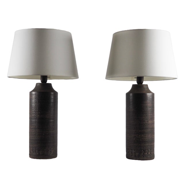 Pair of Scandinavian Brutalist Ceramic Table Lamps by Guldkroken, Sweden, 1960s A striking pair of Scandinavian brutalist...