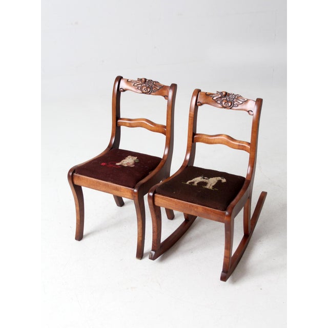 Rustic Vintage Kid's Chairs With Needlepoint Seats Pair For Sale - Image 3 of 11