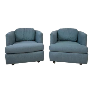 Pair of Drexel Blue Barrel Back Chairs on Casters