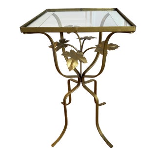 Vintage Hollywood Regency Gold Ivy Leaf Glass Mirror Top Accent Drink Table Style After Salterini For Sale