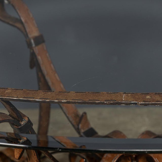 Cold Painted Wrought Iron Strap & Stitch Glass Top Coffee Table, 1980s For Sale - Image 13 of 18