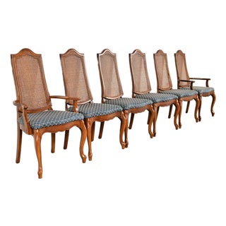 Baker Furniture Style French Provincial Louis XV Carved Walnut and Cane Back Dining Chairs, Set of Six For Sale
