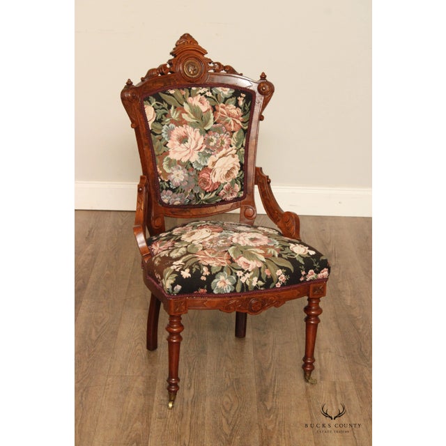 Antique Renaissance Revival Pair of Carved Walnut Armchairs For Sale - Image 4 of 13