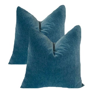 Plush 24" Pacific Blue Down Filled Mohair Pillows - A Pair For Sale