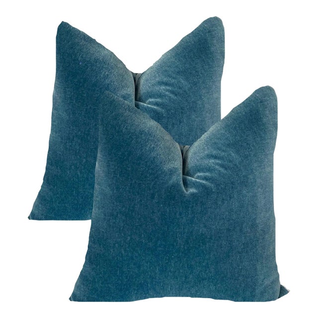 Plush 24" Pacific Blue Down Filled Mohair Pillows - A Pair For Sale