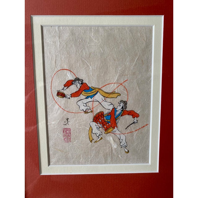 Paper 1970s Framed Double Matted Rice Paper Prints of Asian Musicians With Drums Musical Instruments Stamped Signature For Sale - Image 7 of 12