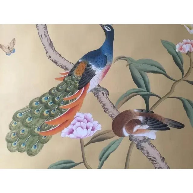 Chinoiserie Unframed Chinoiserie Peacock Wallpaper Hand Painted Artworks - 2 Panels For Sale - Image 3 of 5