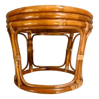 Vintage Rattan & Bamboo Round Side Table With Glass Top For Sale