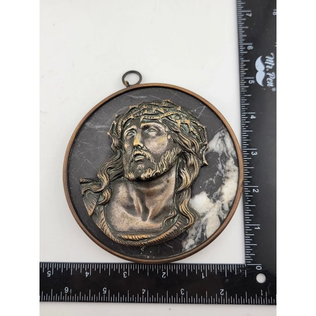 Rare One Of Kind Antique Jesus & Mary Wall Hanging Bronze & Green Marble Plaques For Sale - Image 12 of 12