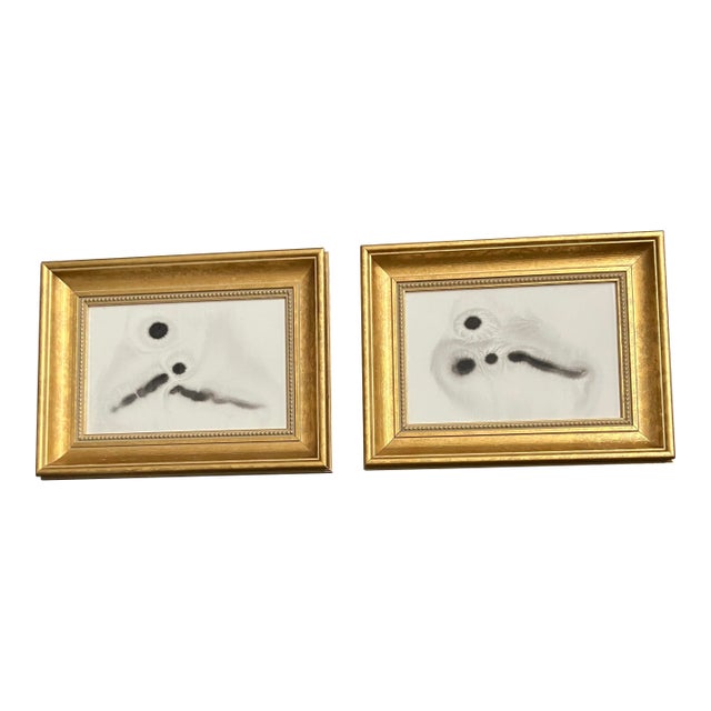 Contemporary 2 Original Abstract Ink Paintings Chunky Gold Frames-a Pair For Sale