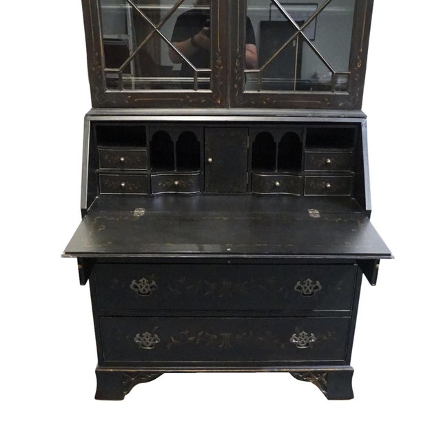Ethan Allen Newport Collection Contemporary Asian Inspired Black 41" Secretary Desk W. Bookcase Hutch Top 34-9408 For Sale In Kansas City - Image 6 of 17