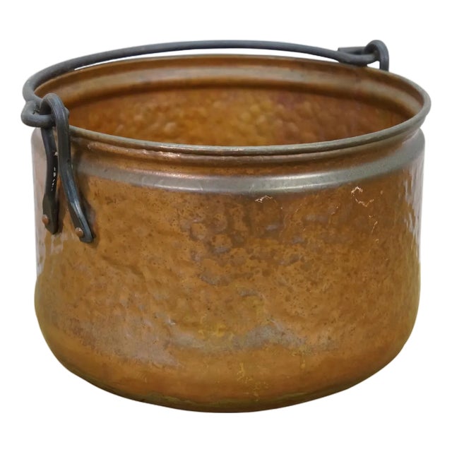 Antique Dovetailed Hammered Copper Stock Pot Cauldron Cooking Kettle Bucket 8.5" For Sale
