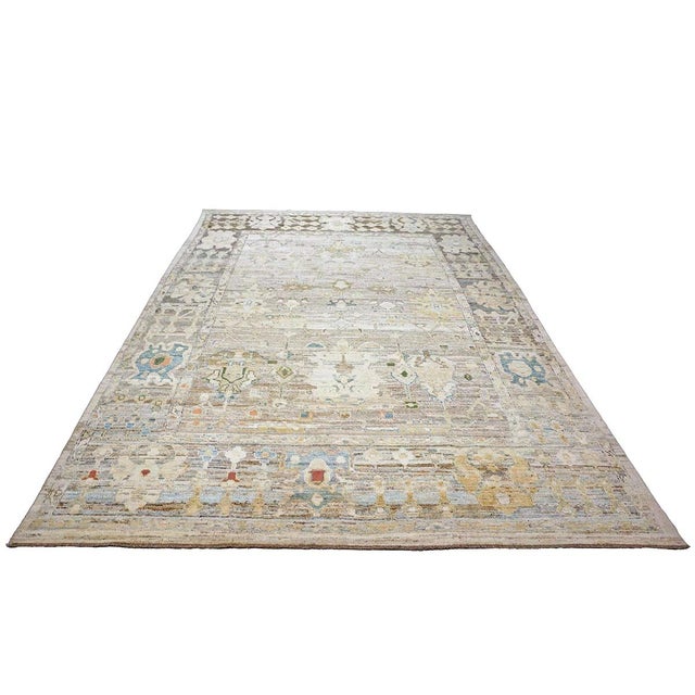 21st Century Turkish Oushak Wool 9x13 Charcoal, Tan & Blue Handmade Area Rug #1144139 For Sale - Image 4 of 16